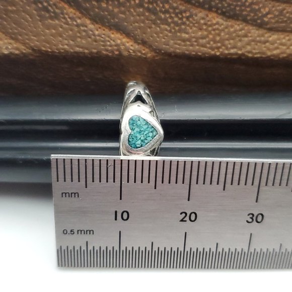 Size 4.5 925 Sterling Silver Heart Blue Turquoise Chips Ring - Picture 6 of 7